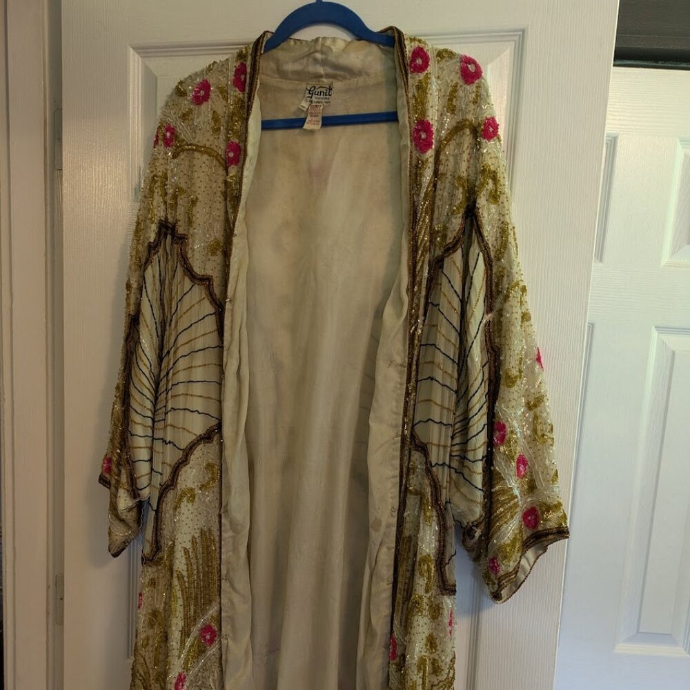 1920s Flapper Style Birjand Gunit Gold Beaded Jacket Duster Silk Art Deco